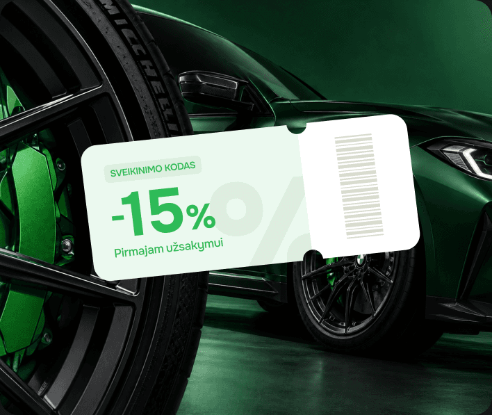 Kuponas „Sveikinimo kodas“ −15% pirmajam užsakymui žalio automobilio fone